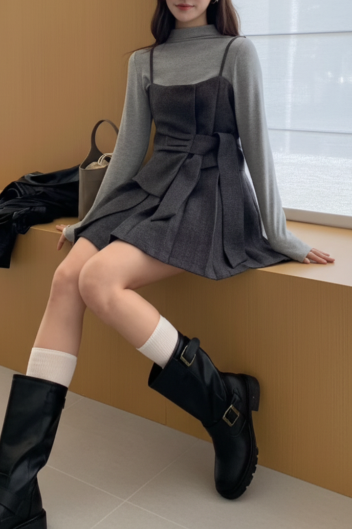 ニット付きリボンプリーツワンピース