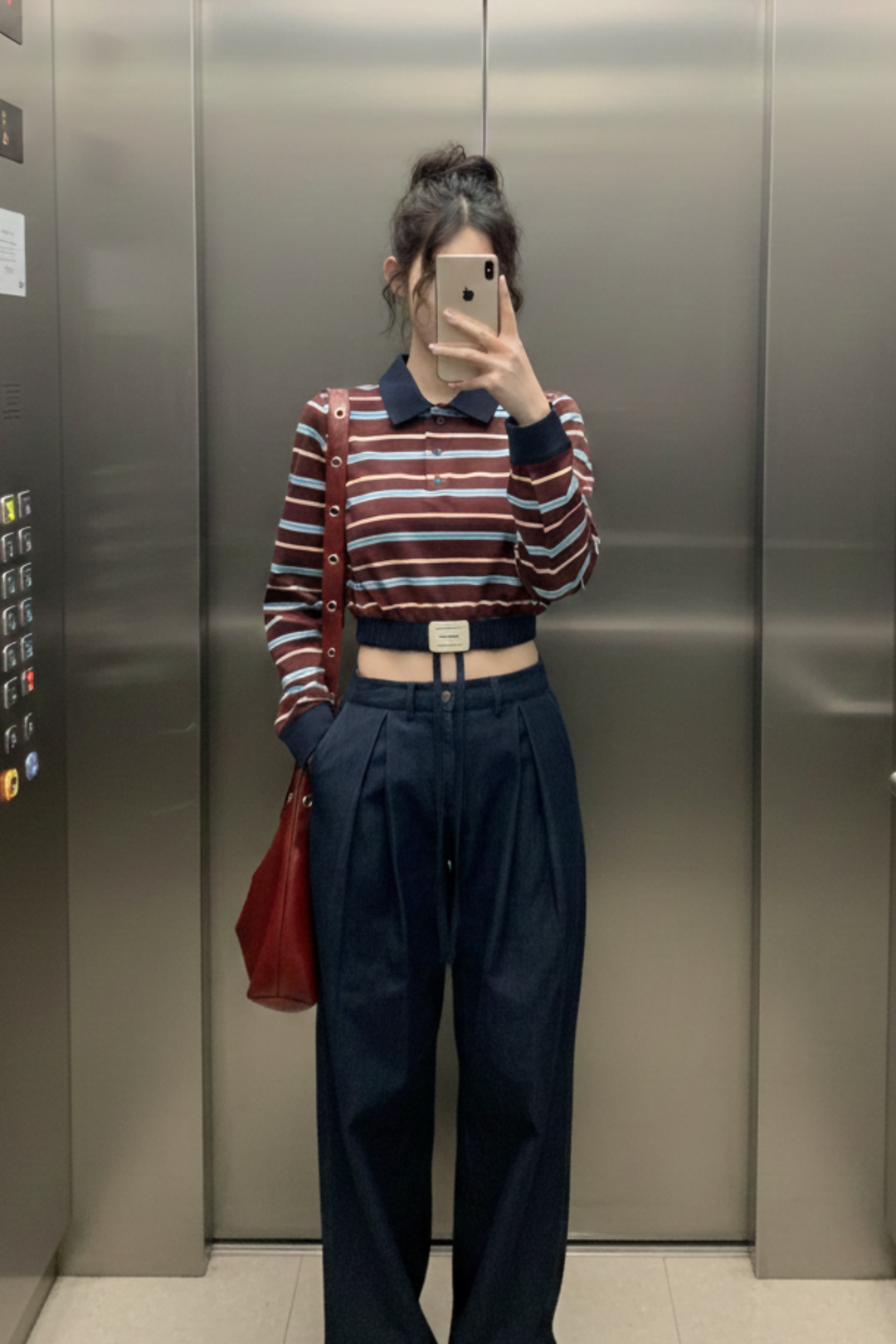 ストライプウエストギャザートップス