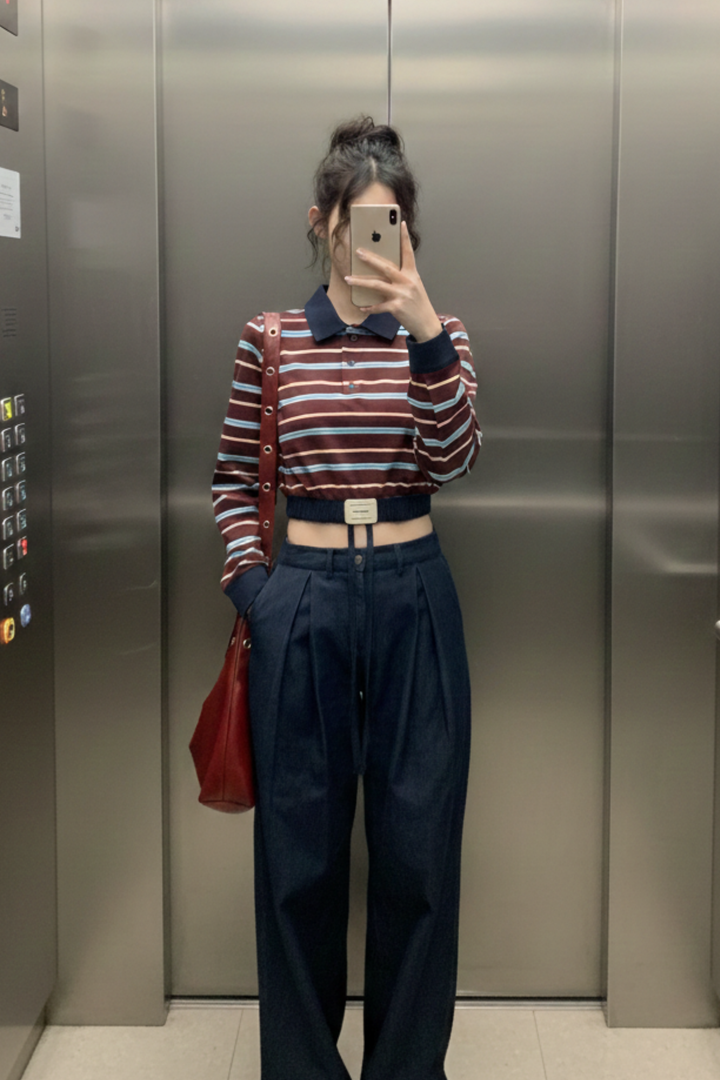 ストライプウエストギャザートップス